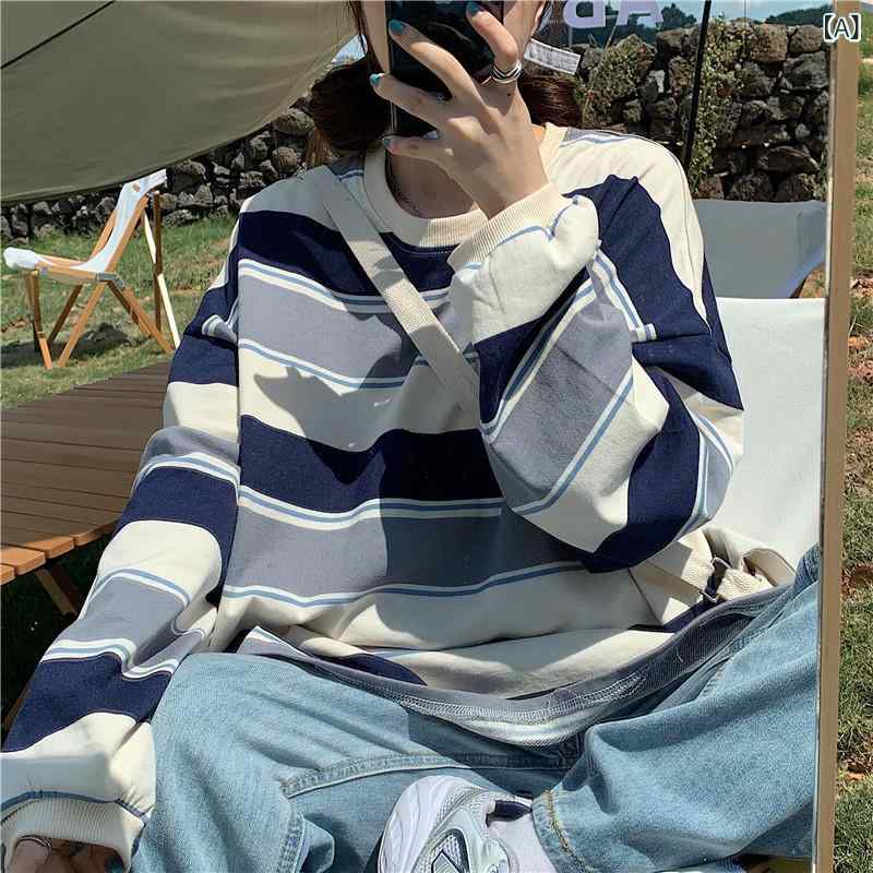 乐天商城 - Tシャツ レディース 学生 初秋 秋服 原宿風 インスタ映え おしゃれ トレンド ストライプ ボーダー ゆったり ルーズ ビッグシルエット 長袖 ラウンドネック ポリエステル トップス スウェット トレーナー カジュアル 普段使い
