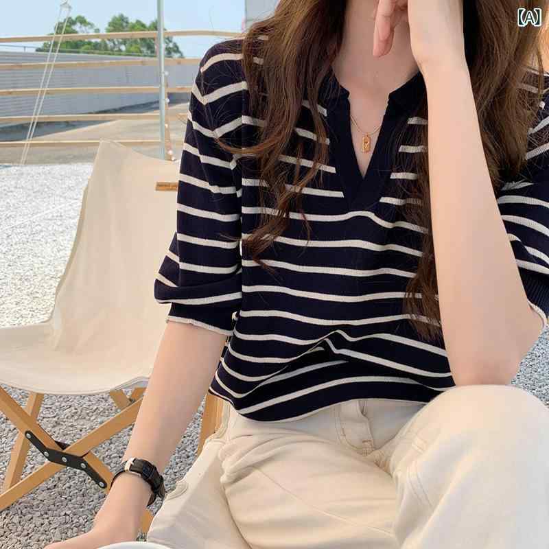 Long-Sleeved Knit - 半袖ニット レディース 女性用 ポロ襟 襟付き ストライプ ボーダー 薄手 サマーニット ゆったり ルーズフィット プルオーバー 五分袖 きれいめ 大人カジュアル オフィス カジュアル 春夏