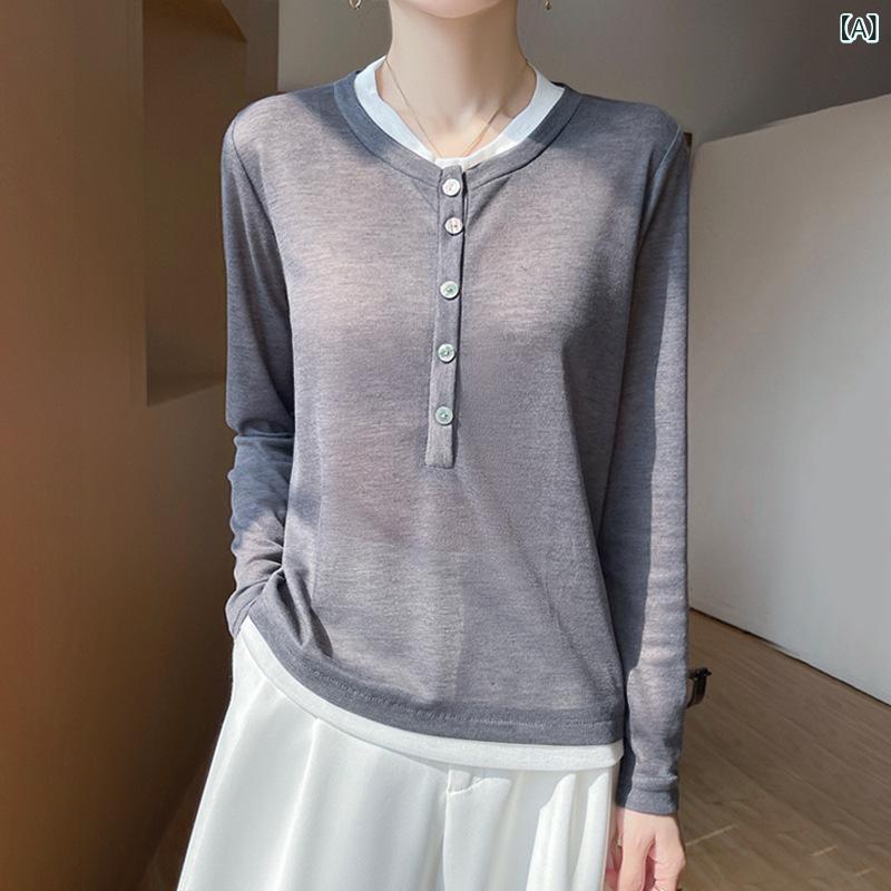 Long-Sleeved Knit - ニット レディース 女性用 クルーネック 長袖 スリムフィット 薄手 ポリエステル フェイクレイヤード 重ね着風 切り替え 着痩せ効果 春夏 通勤 オフィス エレガント