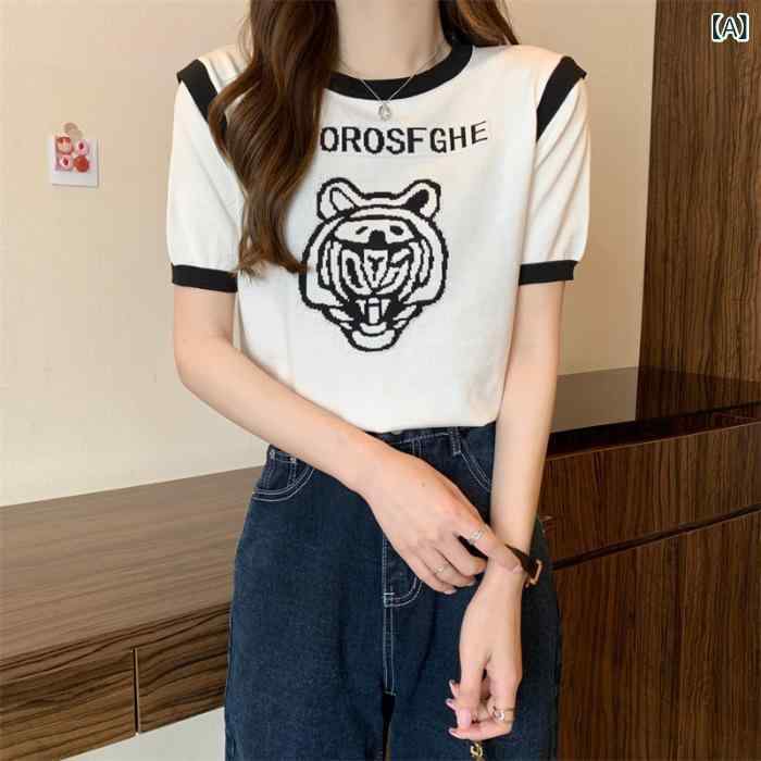 ニット レディース ポロ襟 半袖 トップス バイカラー ジャガード パフスリーブ フレンチ 韓国風 上品 洗練された 着回し 大人カジュアル 春夏