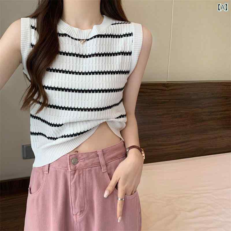 ニット トップス レディース 女性用 ラウンドネック ノースリーブ ショート丈 プルオーバー スリムフィット ストライプ ボーダー サマーニット ポリエステル アクリル マカロンカラー かわいい フェミニン タンクトップ キャミソール 着回し トレンド