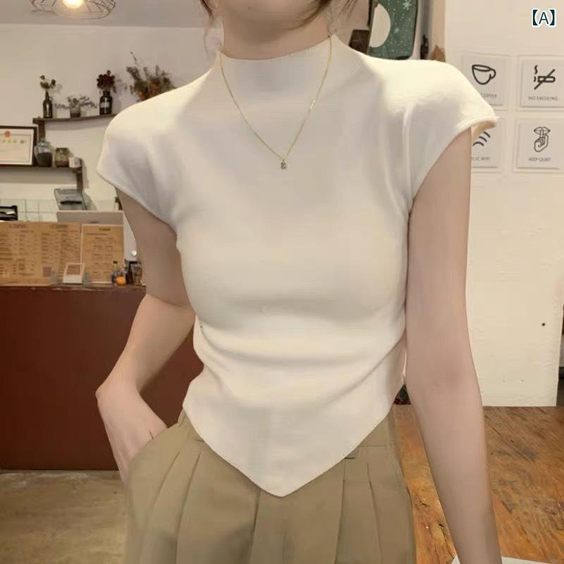 ニットトップス レディース 女性用 アシンメトリー モックネック 半袖 無地 ショート丈 クロップド丈 スリムフィット 細見え スタイルアップ きれいめ 上品 エレガント カジュアル 着回し 春夏