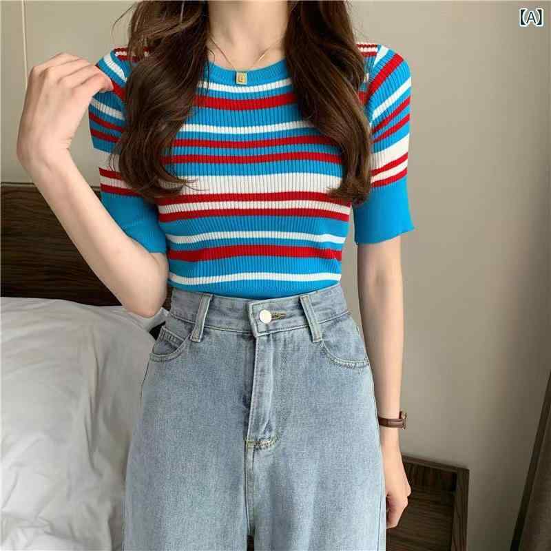 ニットトップス レディース 半袖 レトロ ストライプ ボーダー プルオーバー ショート丈 スリム 薄手 スウィート かわいい 着回し 接触冷感 マカロンカラー 切り替え ラウンドネック 春夏