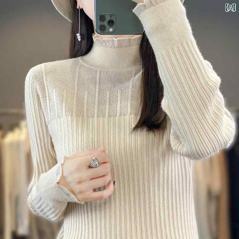 ニット レディース 秋 オーガンジー フリル襟 透かし編み リブ編み ハイネック 長袖 スリムフィット プ..