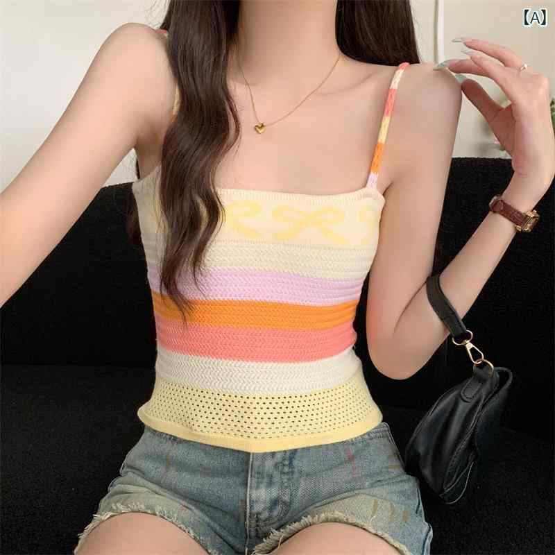 Three-Quarter Knit - ニット レディース 春夏 カラフル ボーダー ショート丈 ノースリーブ タンクトップ キャミソール ベスト ボートネック 薄手 軽量 配色 切り替え イエロー グリーン アメリカン カジュアル きれいめ 普段使い