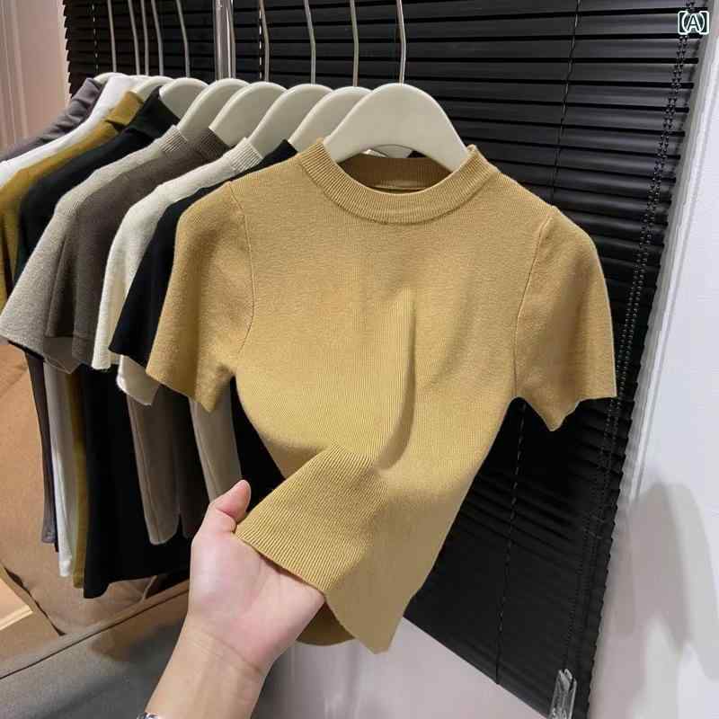樂天商城 - ニット レディース 春夏 レトロ クルーネック 半袖 スリムフィット ショート丈 トップス 着痩せ効果 上品 きれいめ オフィス 通勤 カジュアル 着回し ポリエステル