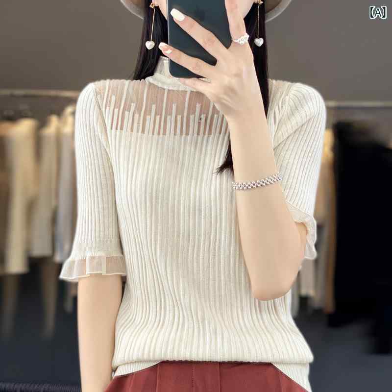 ニット レディース トップス 五分袖 透かし編み レース 切り替え プルオーバー ゆったり モックネック パフスリーブ 無地 カジュアル エレガント 秋冬 普段使い