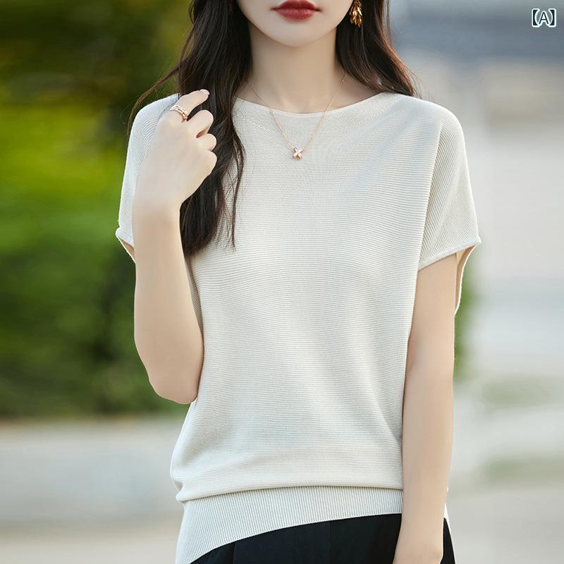 ニット レディース 春夏 接触冷感 ゆったり 半袖 クルーネック ドロップショルダー フリルスリーブ リ..