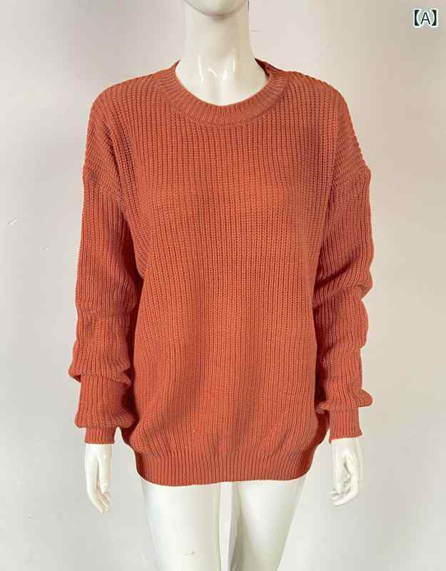 ニット レディース セーター プルオーバー ラウンドネック クルーネック 長袖 ゆったり ルーズフィット ビッグシルエット 大きいサイズ アクリル 無地 マカロンカラー カジュアル 普段使い オフィス 通勤 フェミニン かわいい 春夏