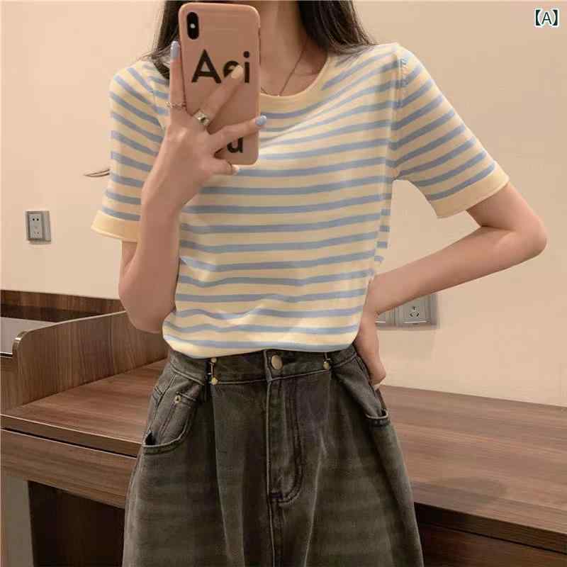 ニット レディース ストライプ柄 半袖 クルーネック プルオーバー スリムフィット 細見え ショート丈 接触冷感 薄手 韓国ファッション カジュアル デイリーユース 夏 大人かわいい マカロンカラー 切り替え スカルモチーフ