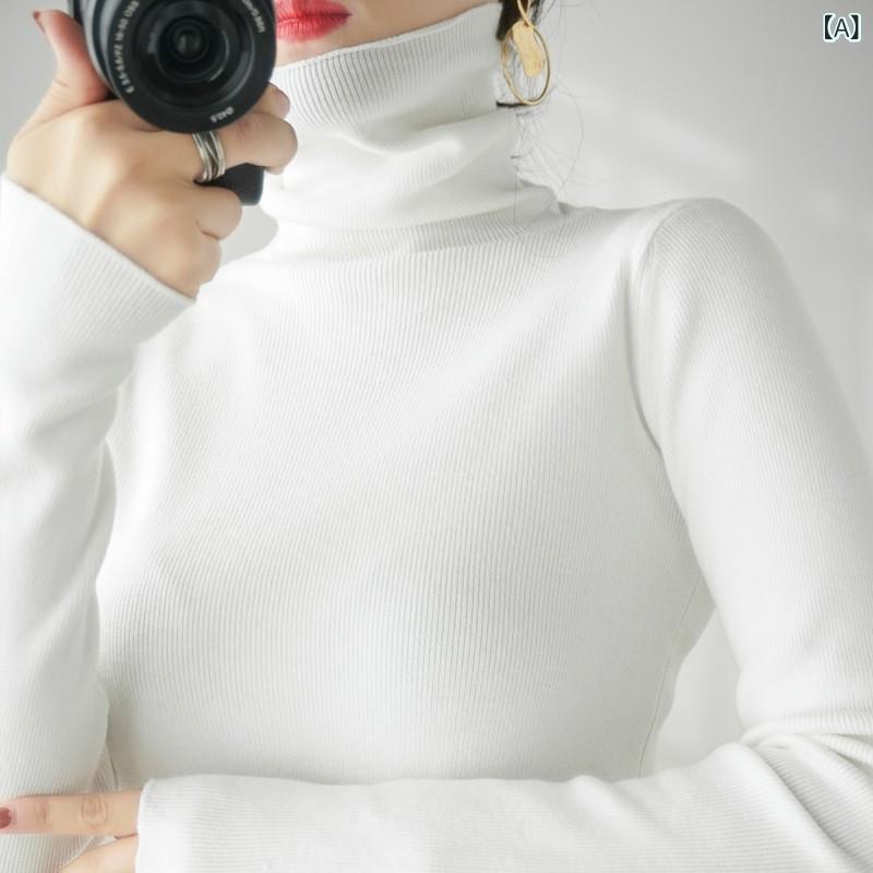 Three-Quarter Knit - ニット レディース ハイネック プルオーバー 秋冬 韓国ファッション スリムフィット 長袖 切り替えデザイン トップス ポリエステル きれいめ おしゃれ カジュアル 着回し 万能 多色展開