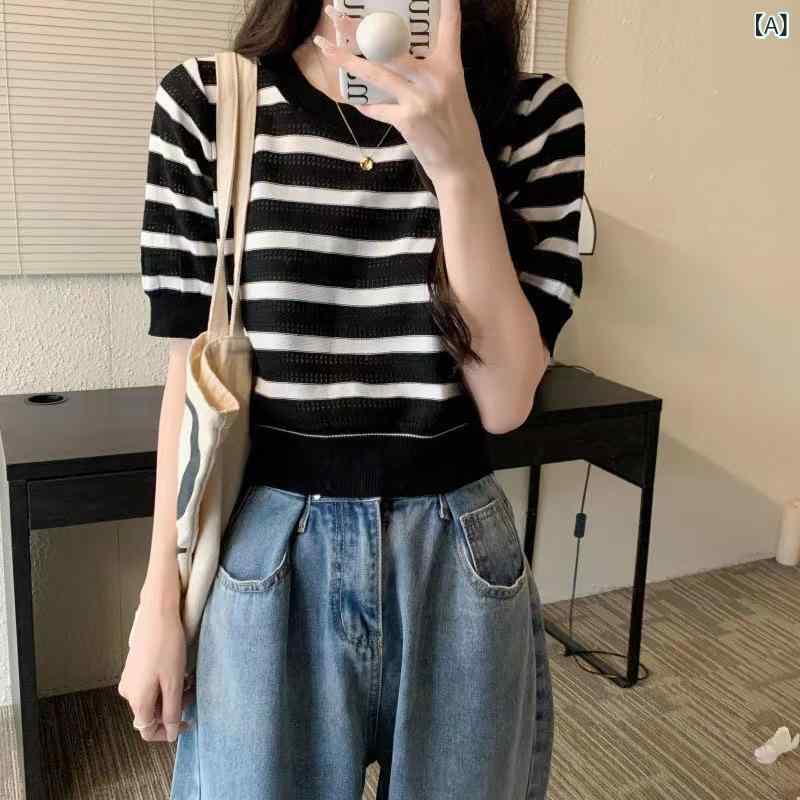 ニット レディース ラウンドネック 薄手 ストライプ柄 ショート丈 シアー マカロンカラー トップス 春夏 韓国風 カジュアル スリムフィット アクリル ポリエステル 半袖