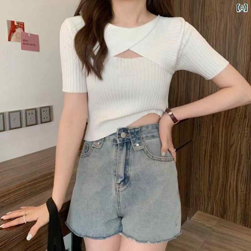 ニットトップス レディース 春夏 韓国風 プルオーバー ショート丈 細見え スリムフィット 接触冷感 薄手 かわいい フェミニン デザイン 個性的 透かし編み 半袖 切り替え マカロンカラー