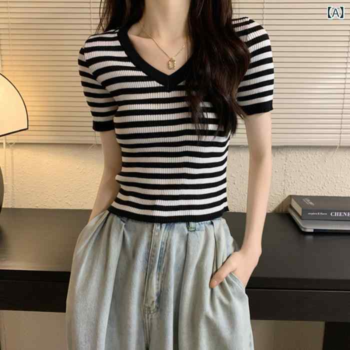 トップス レディース 接触冷感 Vネック 半袖 ニット Tシャツ サマーニット カットソー スリムフィット 薄手 レーヨン モノトーンボーダー ハイウエスト ショート丈 フェミニン プルオーバー 春夏 ブラック ホワイト