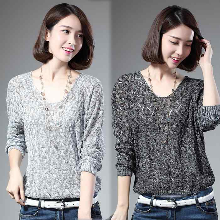 Rakuten - ニット レディース 春夏 薄手 Vネック 長袖 ドルマンスリーブ ケーブル編み 透かし編み ゆったりシルエット 上品 きれいめ 無地 セーター トップス