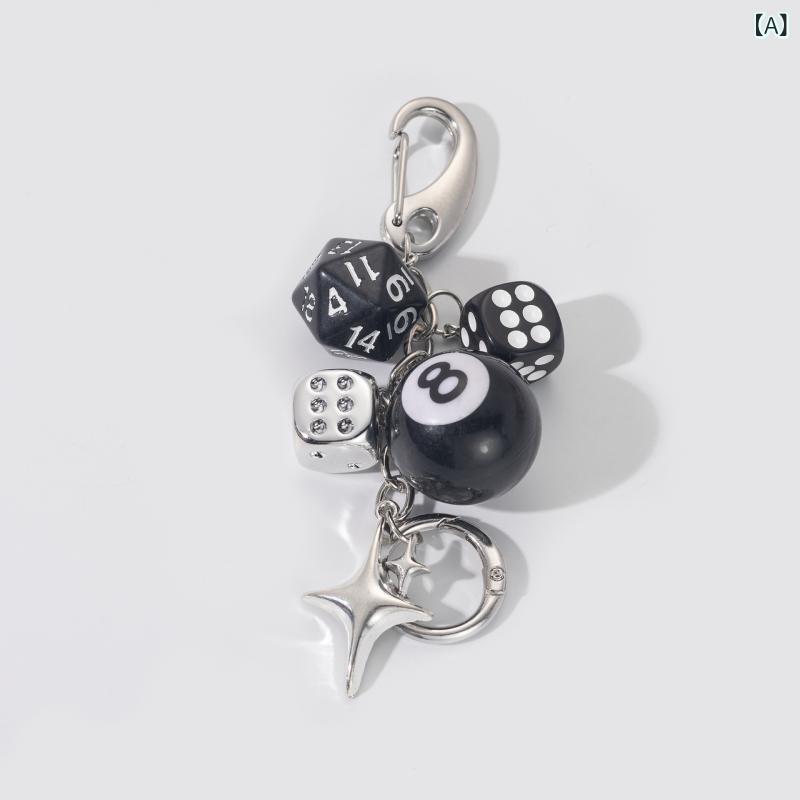 キーホルダー メンズ レディース ビンテージ 風 ダイス サイコロ 8ボール バッグ チャーム キーリング ストリート ファッション 金属 アレルギー 対応 小物