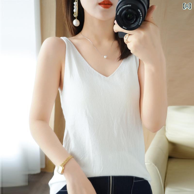 ニットキャミソール レディース 春夏 Vネック ノースリーブ スリムフィット バックオープン インナー ..