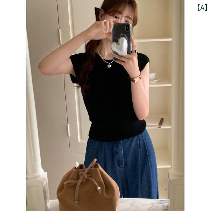 ニット レディース 春夏 ポロ襟 ノースリーブ プルオーバー スリムフィット ウエストリボン 無地 レー..