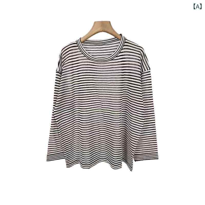 ニット レディース 韓国風 ゆったり ルーズ ストライプ クルーネック 五分袖 接触冷感 再生繊維 プルオ..