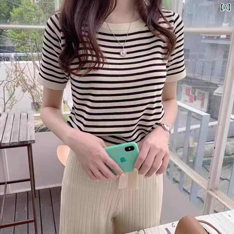 Knitting, Sweaters - Tシャツ レディース 黒白 ボーダー 半袖 接触冷感 サマーニット クルーネック 薄手 伸縮性 ゆったり プルオーバー ショート丈 春夏 トップス 大人カジュアル