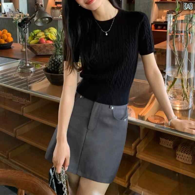 ニットTシャツ レディース 白 ホワイト レトロ ヴィンテージ 半袖 薄手 クルーネック ウエストマーク ショート丈 プルオーバー カジュアル 春夏(4.0)