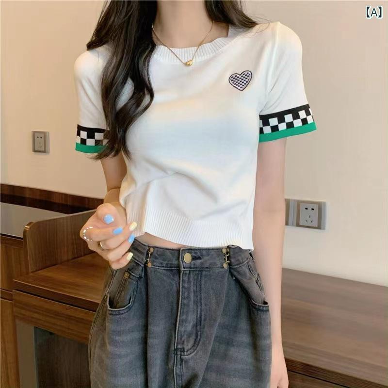ニット レディース 市松模様 袖 刺繡 ハート柄 丸首 プルオーバー スイート かわいい ショート丈 トップス 薄手 接触冷感 スリムフィット マカロンカラー アクリル ポリエステル素材 春夏 白 黒