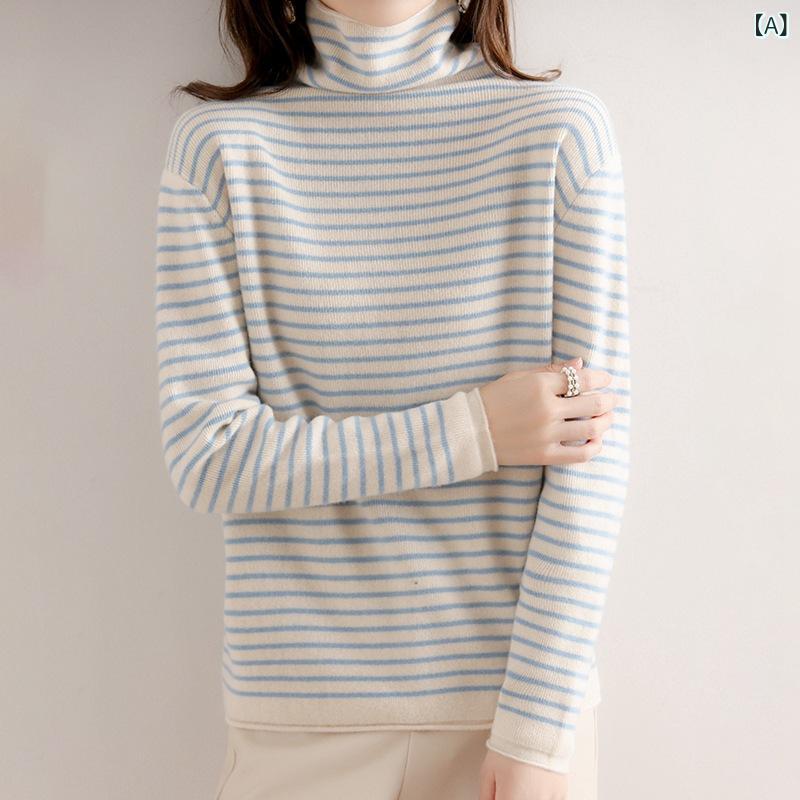 セーター レディース 秋冬 ニット ストライプ タートルネック スリムフィット ポリエステル トップス ..