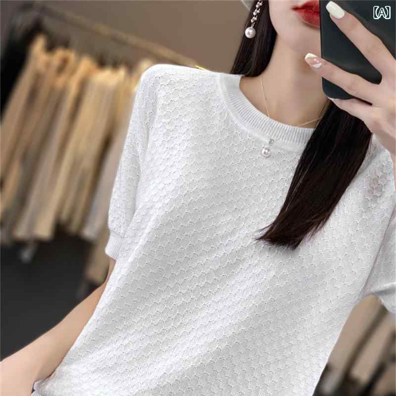 Tシャツ レディース 綿 吸汗速乾 通気性 接触冷感 春夏 丸首 プルオーバー 五分袖 ショート丈 パフスリーブ ゆったり オーバーサイズ ニット 無地 通勤 オフィスカジュアル 普段使い