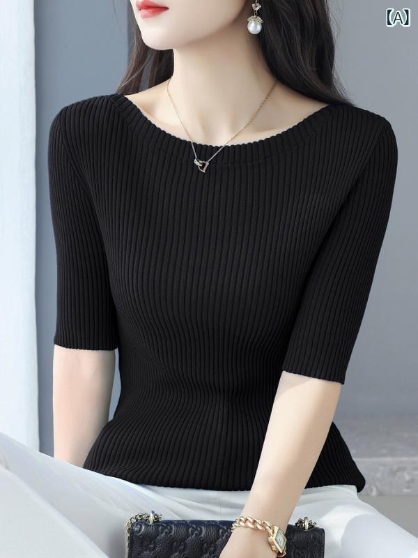 Three-Quarter Knit - トップス レディース 夏 薄手 接触冷感 ニット 半袖 オフショルダーネック Tシャツ風 無地 スリム ショート丈 エレガント 普段使い 通勤 オフィス 再生繊維 ストレッチ 快適