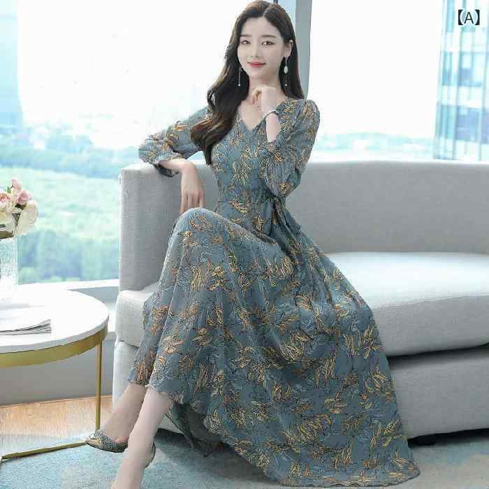 ワンピース レディース ミセス ママ 秋 フレア ミディ丈 ウエストマーク 着痩せ スタイルアップ シフォン 花柄 5分袖 パフスリーブ エレガント 上品 きれいめ 通勤 オフィス グレー