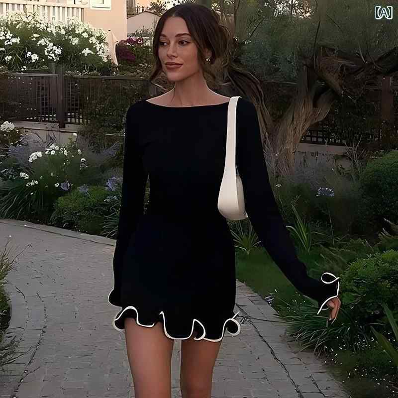 ワンピース レディース セクシー タイト ミニ丈 フリル メロウ ニット 長袖 オフショルダー パフスリーブ 無地 ブラック アイボリー ポリエステル 欧米風 秋冬 デート ガーリー ドレス