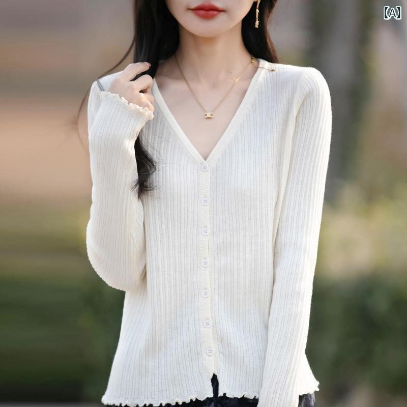 樂天商城 - カーディガン レディース 女性用 精紡 ニット 薄手 ショート丈 Vネック 長袖 フリル袖 ゆったり 切り替えデザイン ウール混 接触冷感 羽織り トップス 冷房対策 紫外線対策 春夏 カジュアル きれいめ