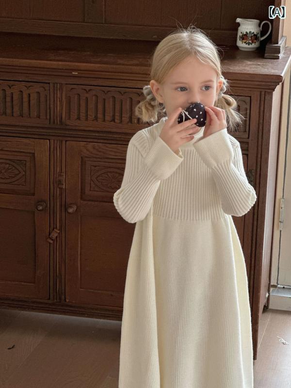 ワンピース 女の子 キッズ ベビー ニットドレス 韓国風 プリンセス Aライン ミディ丈 無地 綿混素材 やわらか肌触り 上品 お出かけ着 普段使い 秋冬