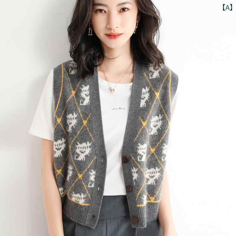 Three-Quarter Knit - ニットベスト レディース 秋冬 ゆったり Vネック ノースリーブ ショート丈 羽織り チェック柄 厚手 切り替えデザイン 上品 オフィス カジュアル 通勤スタイル
