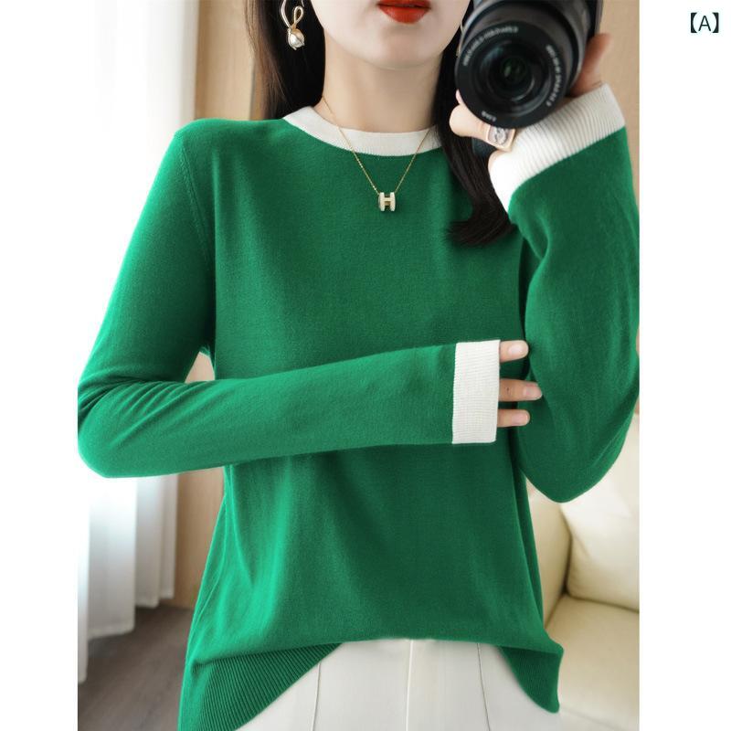 ニット レディース 女性用 秋冬 ラウンドネック 丸首 セーター 韓国風 ゆったり ルーズフィット ビッグシルエット プルオーバー 無地 アクリル ウール 長袖 トップス 中厚手