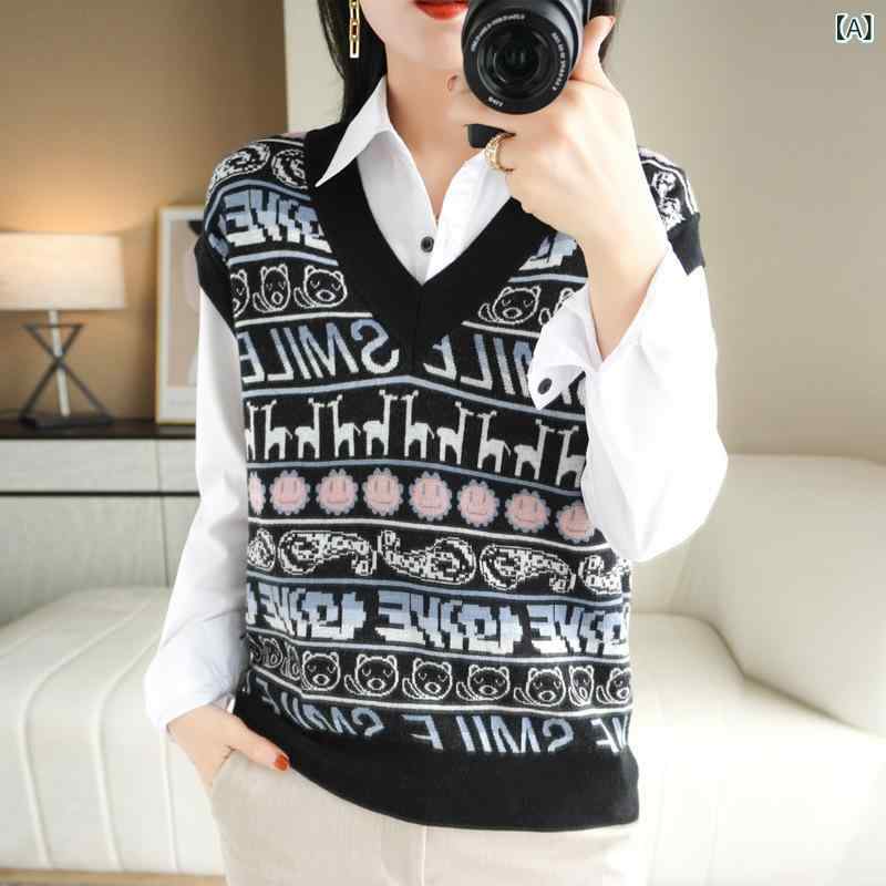 ベスト レディース 秋冬 精紡ウール Vネック ゆったり 厚手 ショート丈 ノースリーブ ニット ジレ 切り替え 配色 エレガント レトロ カジュアル 重ね着 トップス