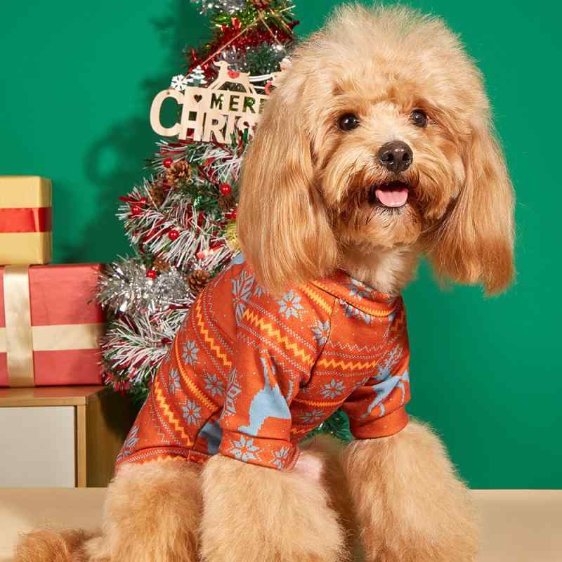 ペットウェア 犬猫兼用 クリスマス トナカイ柄 かわいい おしゃれ 秋冬 防寒 保温 スウェット トレーナー プルオーバー ポリエステル 暖かい 散歩 部屋着 オレンジレッド
