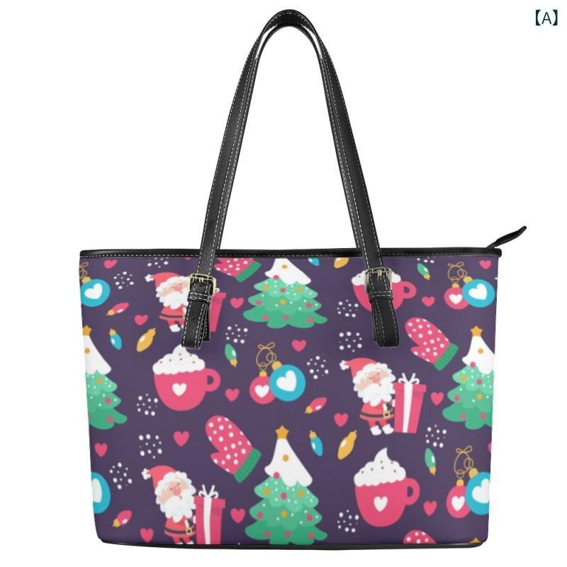バッグ 女性用 レディース クリスマス サンタクロース プリント 総柄 曲線 横型 PU...