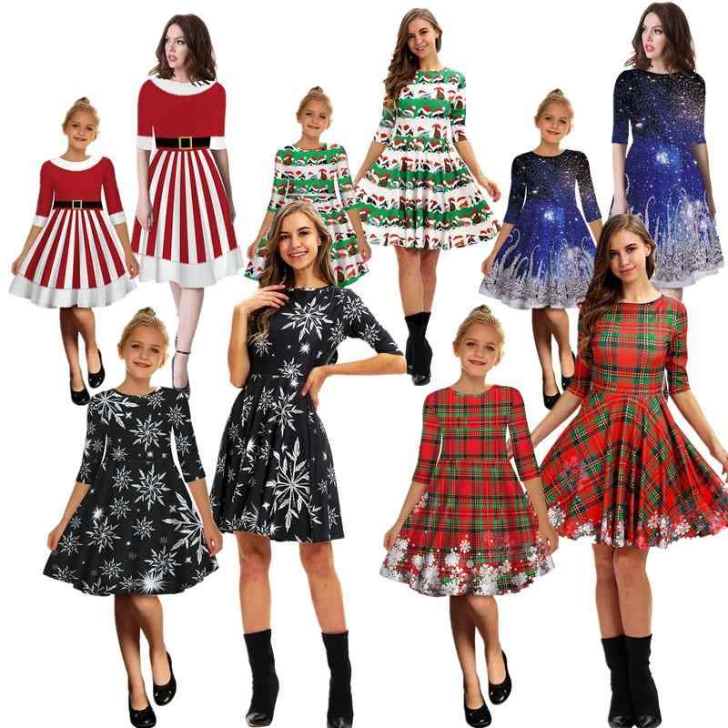 ワンピース レディース 星空柄 クリスマス 3Dデジタルプリント 七分袖 Aライン ミモレ丈 ラウンドネッ..