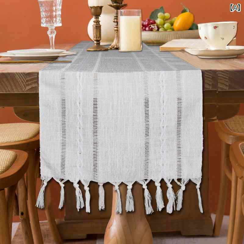 テーブルランナー テーブルセンター 綿麻調 ハンドメイド レース編み オープンワーク フリンジ タッセル アメリカンカントリー リビング ダイニング 食卓 クリスマスデコレーション ポリエステル オフホワイト ブラウン ブルー 2