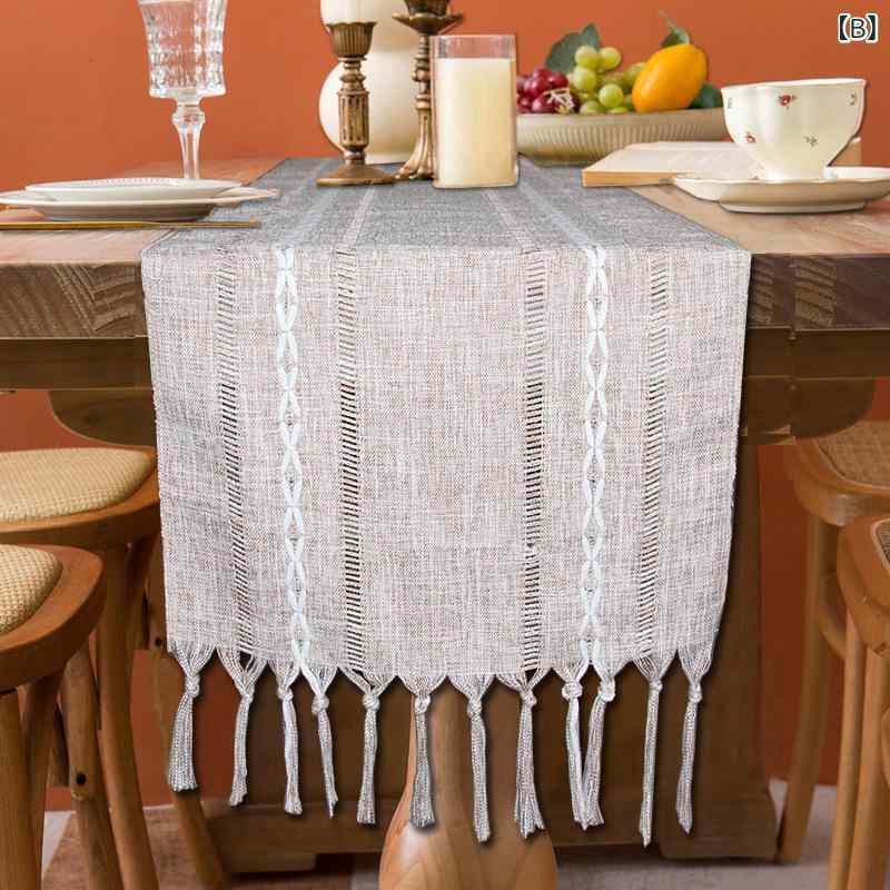 テーブルランナー テーブルセンター 綿麻調 ハンドメイド レース編み オープンワーク フリンジ タッセル アメリカンカントリー リビング ダイニング 食卓 クリスマスデコレーション ポリエステル オフホワイト ブラウン ブルー 3