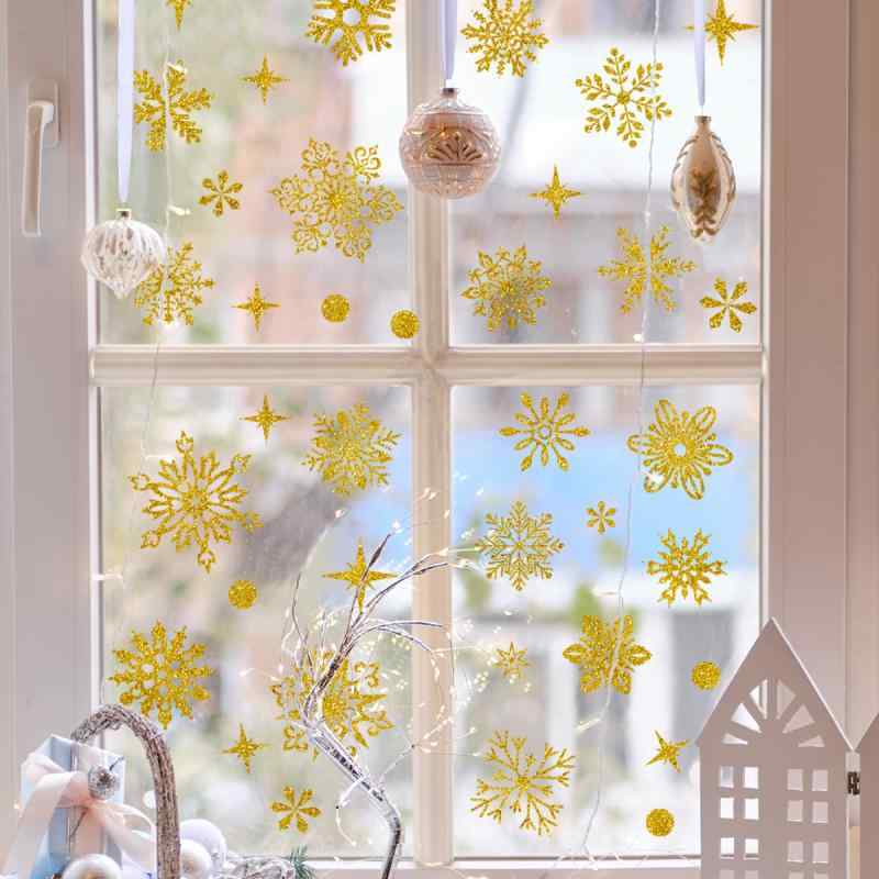 樂天商城 - ウォールステッカー クリスマス ゴールド グリッター ラメ 雪の結晶 スノー 静電吸着 両面デザイン ガラス 窓 リビング 店舗 インテリア デコレーション 装飾