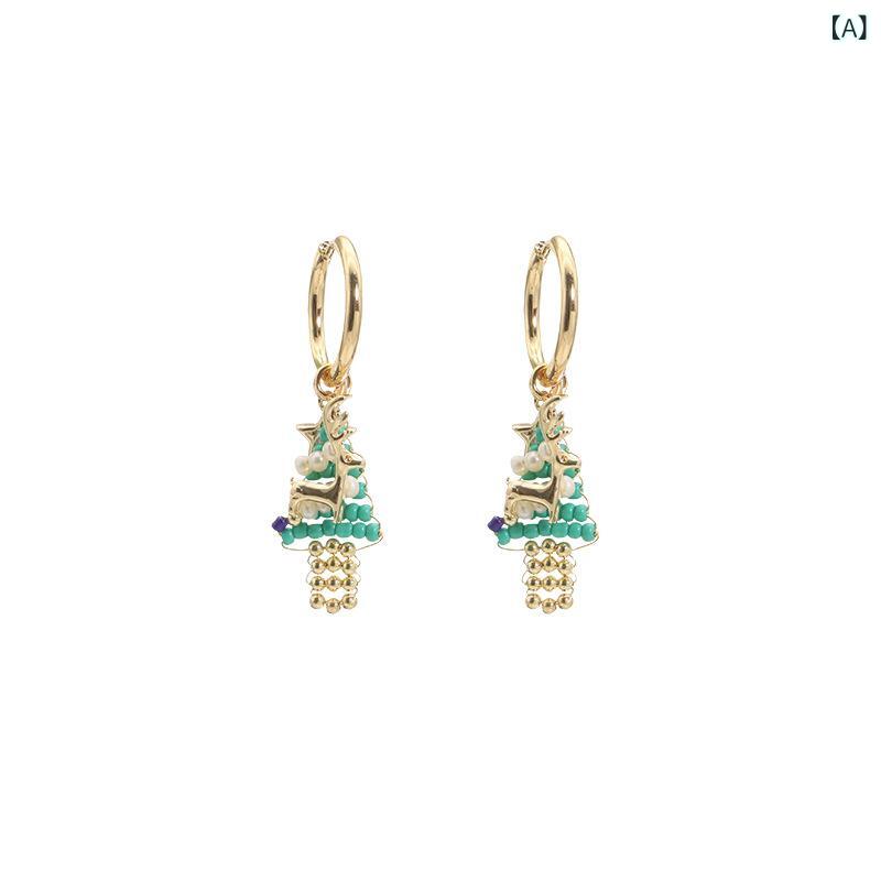 ピアス イヤリング レディース 天然パール 高級感 オリジナル ハンドメイド 手作り 埋め込みジルコニア クリスマスツリー トナカイ 星 モチーフ グリーン フープ セット 上品 エレガント 秋冬 パーティー 普段使い