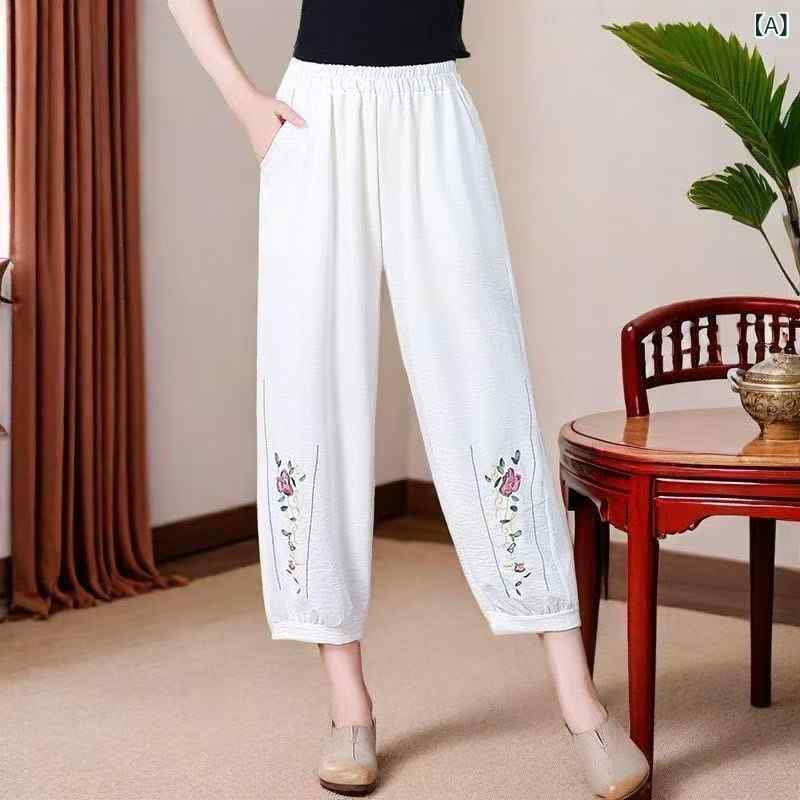 パンツ レディース 民族風 刺繍 花柄 ゆったり ルーズフィット 通気性 吸汗速乾 カジュアル リラックス クロップド丈 アンクル丈 快適 普段使い 着回し ボトムス
