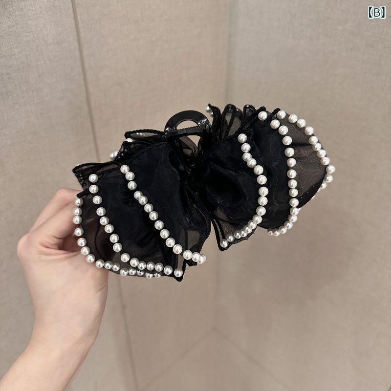 ヘアクリップ レディース バレッタ 髪留め 蝶結び フェイクパール レトロ 上品 髪...