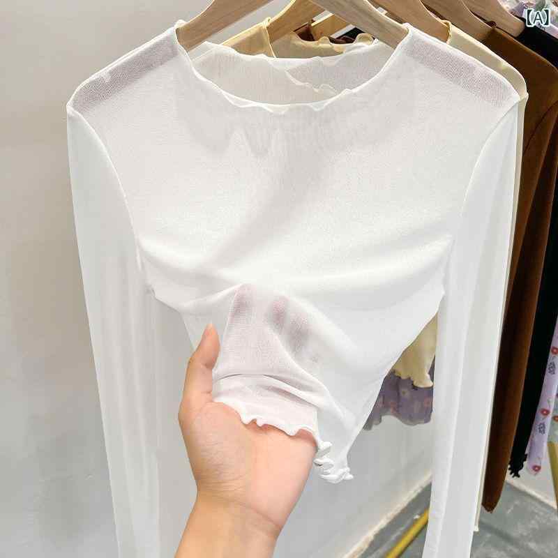 トップス レディース 女性用 シアー メッシュ レース 長袖 インナー 黒 白 ベージュ 薄手 透け感 ブラウス フリル アシンメトリー キャミワンピース 重ね着 春夏秋 ポリエステル