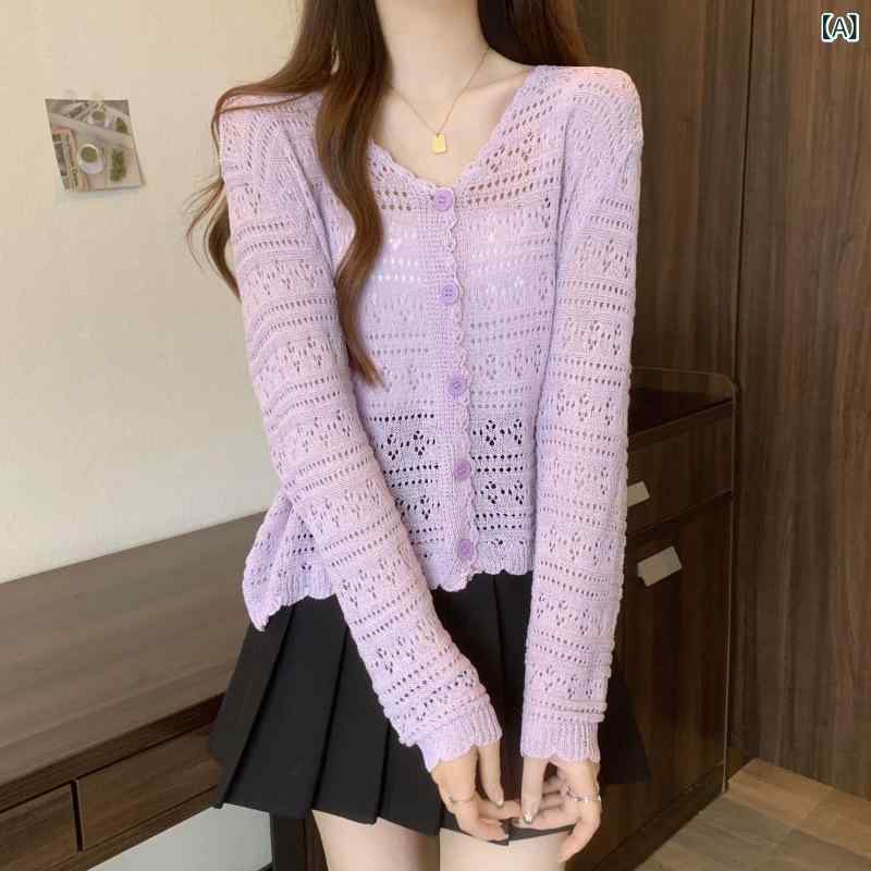 カーディガン レディース 春夏 薄手 透かし編み ニット アクリル UVカット 冷房対策 ショート丈 長袖 Vネック トップス