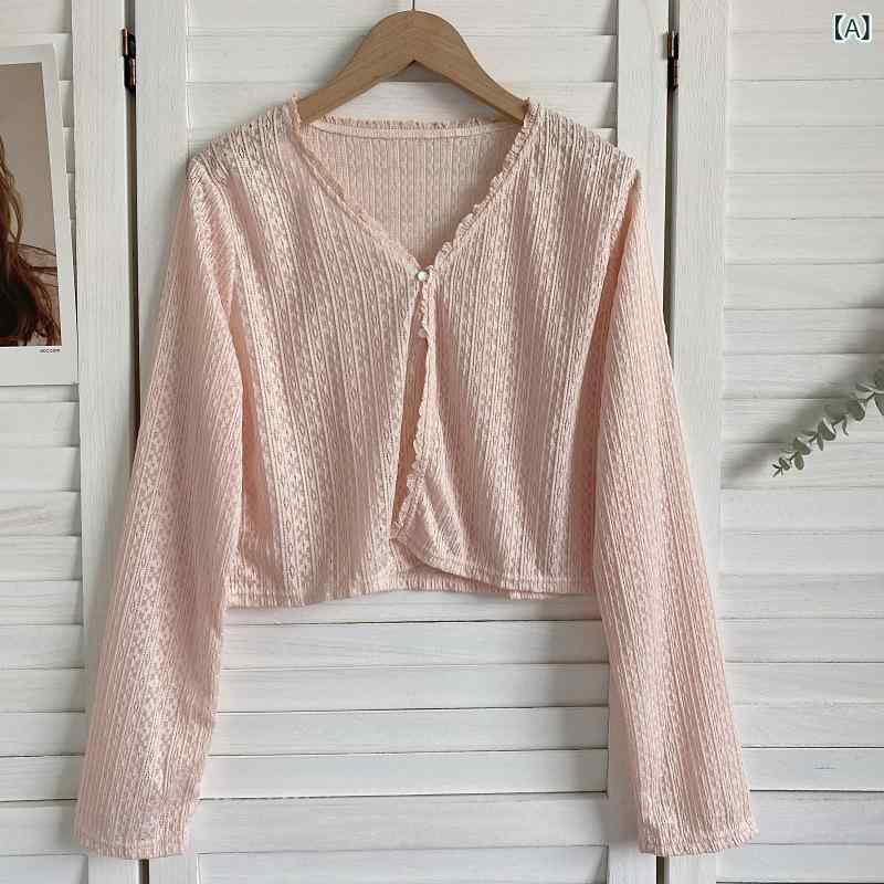 カーディガン レディース かわいい フェミニン メロウフリル Vネック シアー レース 薄手 軽量 ナイロン 長袖 フリル袖 Aライン 冷房対策 UVカット 羽織り オフィス カジュアル 通勤 普段使い 春夏