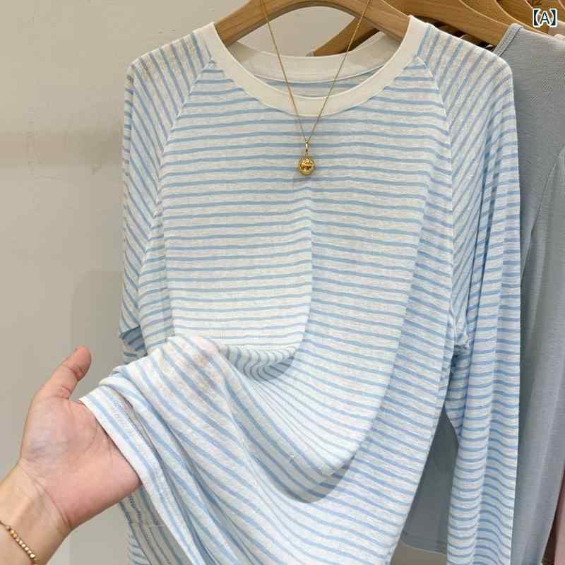 Tシャツ レディース 長袖 クルーネック 配色切り替え ストライプ ゆったり オーバーサイズ 日焼け防止 UVカット 羽織り トップス 春夏 ブルー ポリエステル 普段使い デイリーユース カジュアル オフィス 通勤
