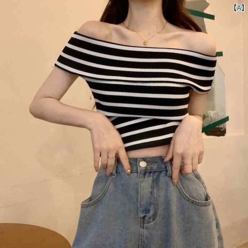 ニットトップス レディース ピンク ストライプ オフショルダー フリル袖 ショートスリーブ スリムフィ..